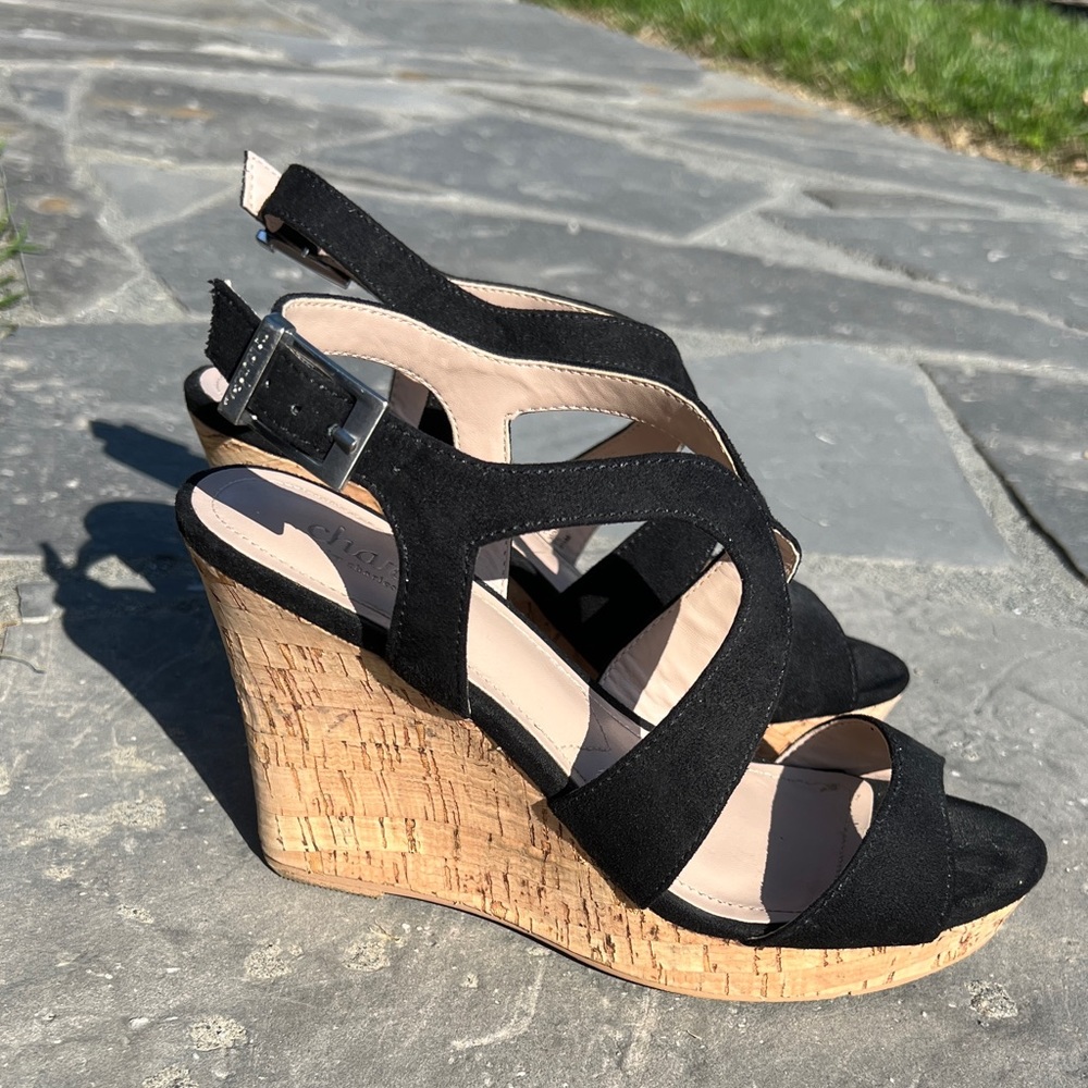 Charles by Charles David, 6.5M, black with cork wedge, butterfly strap pattern